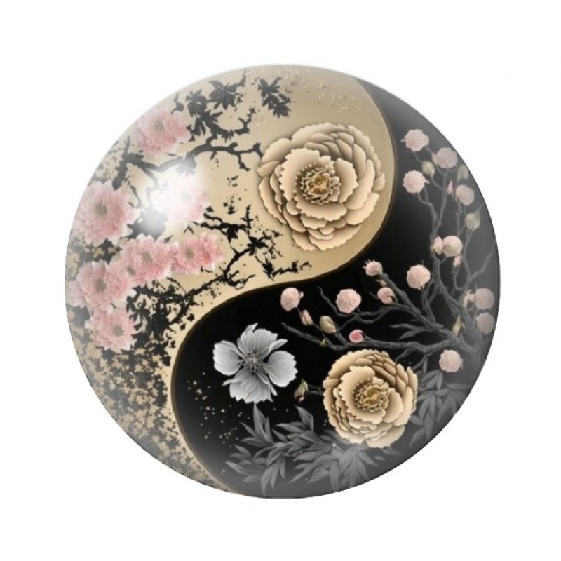 Cabochon en Verre Illustré Yin Yang Fleurs 12 à 25mm
