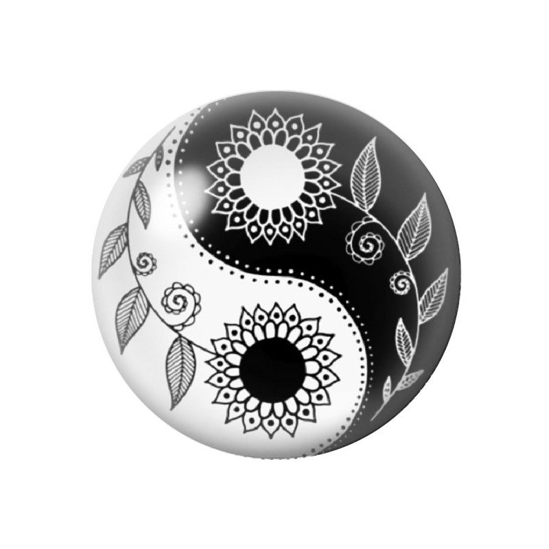 Cabochon en Verre Illustré Yin Yang Fleurs Noir et Blanc 12 à 25mm