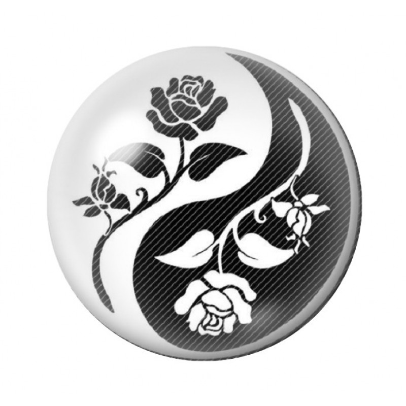 Cabochon en Verre Illustré Yin Yang Fleurs Noir et Blanc 12 à 25mm