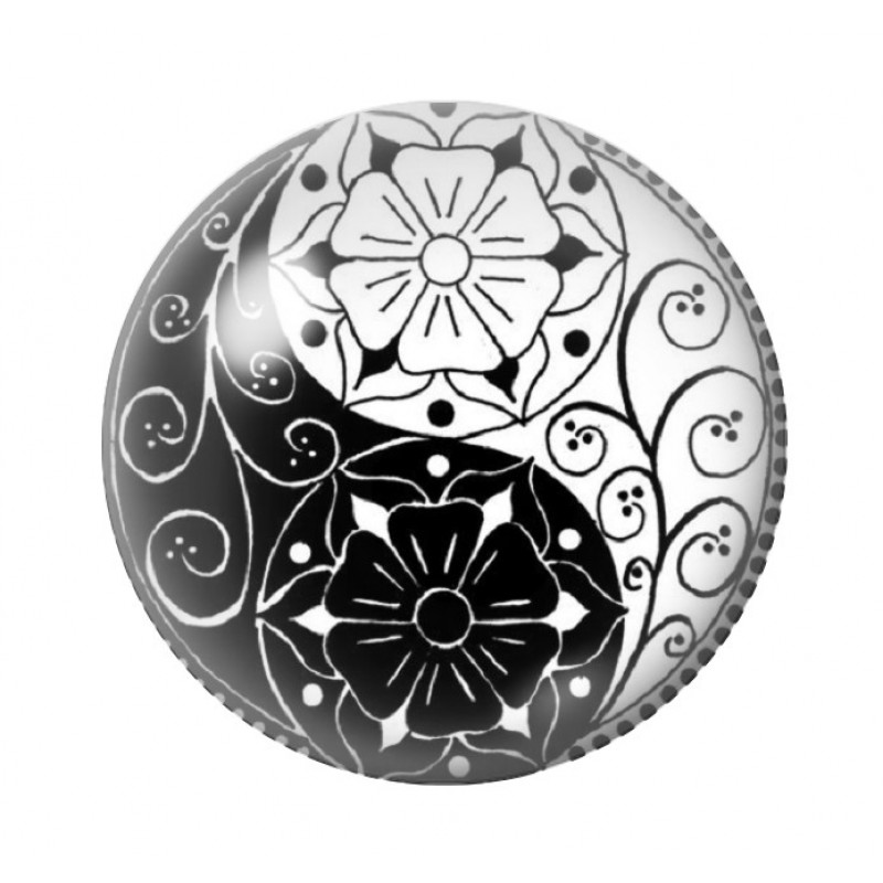 Cabochon en Verre Illustré Yin Yang Fleurs Noir et Blanc 12 à 25mm