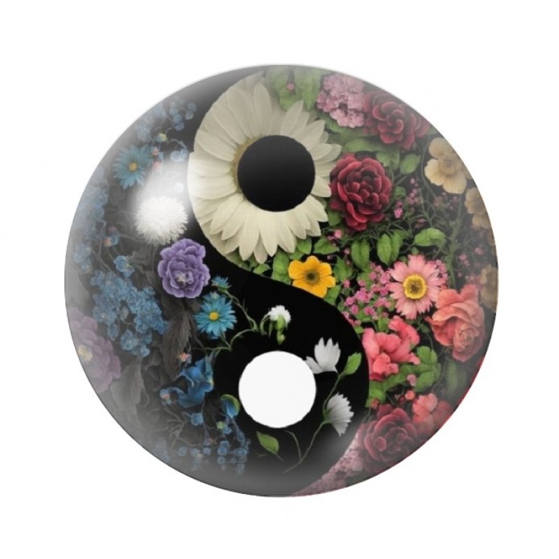 Cabochon en Verre Illustré Yin Yang Fleurs 12 à 25mm