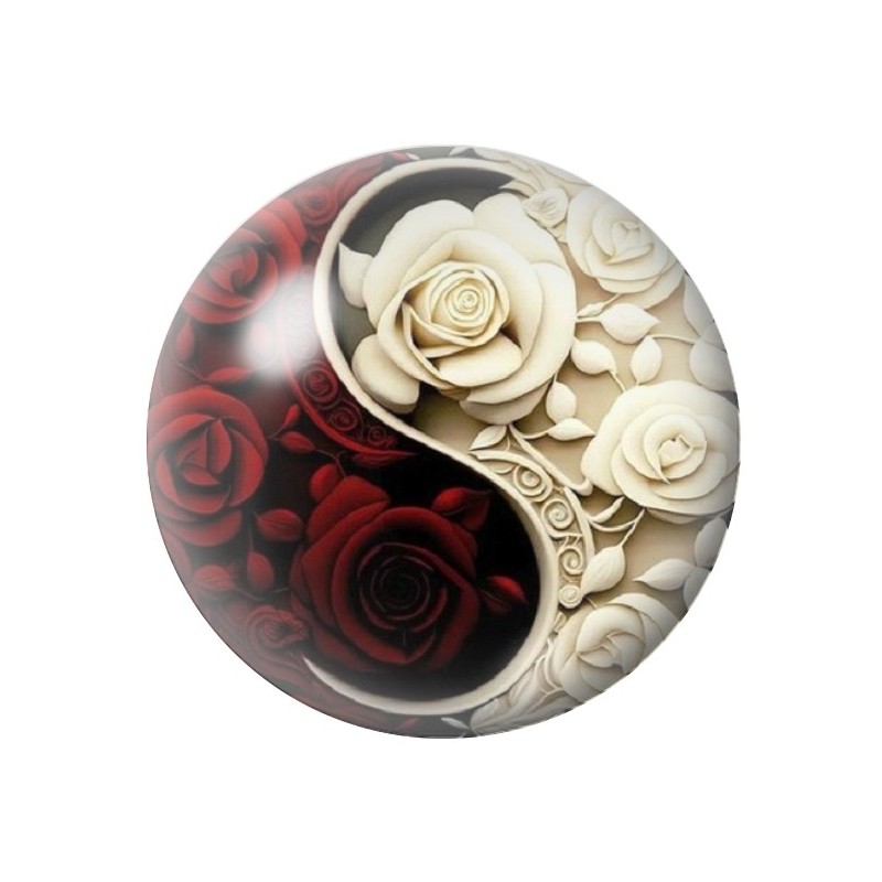 Cabochon en Verre Illustré Yin Yang Roses Blanches et Rouges 12 à 25mm