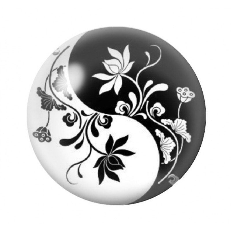 Cabochon en Verre Illustré Yin Yang Fleurs Noir et Blanc 12 à 25mm