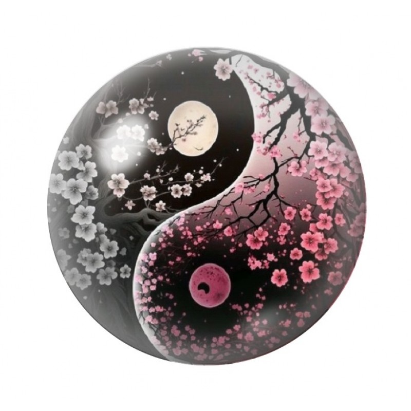 Cabochon en Verre Illustré Yin Yang Branches de Cerisier 12 à 25mm