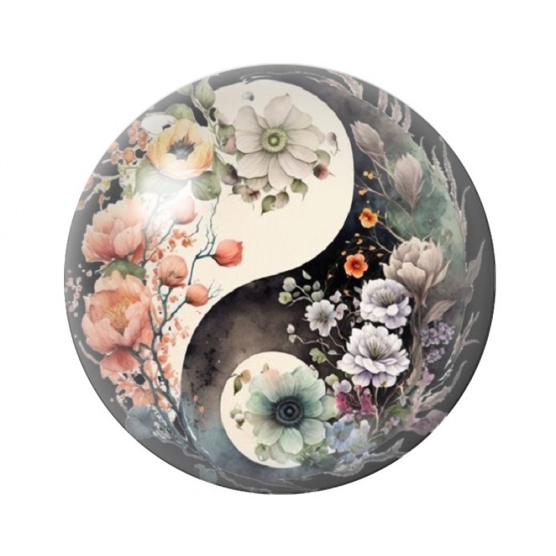 Cabochon en Verre Illustré Yin Yang Fleurs 12 à 25mm