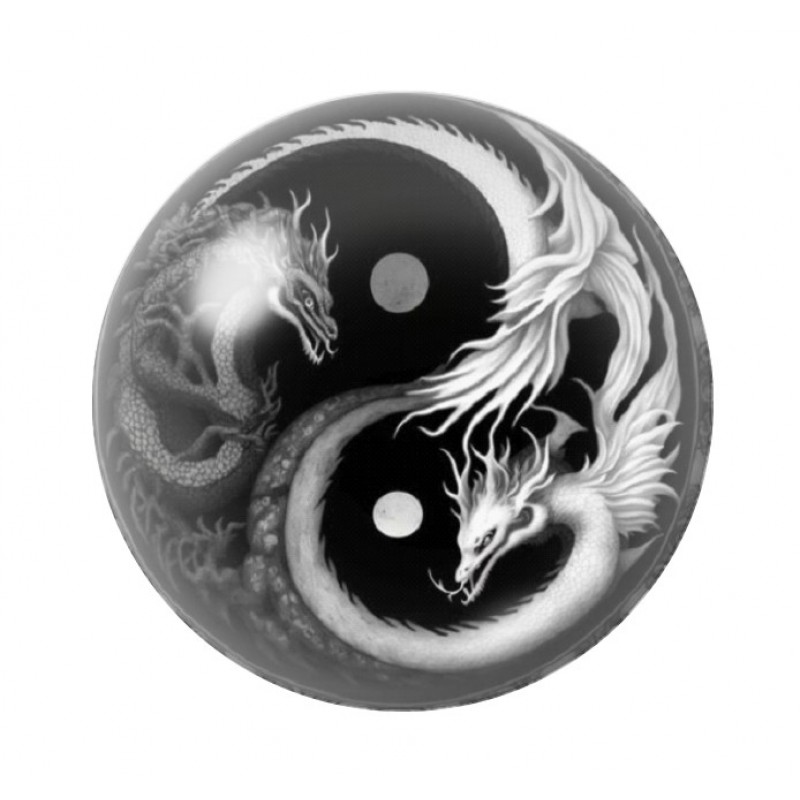 Cabochon en Verre Illustré Yin Yang Dragons Noir et Blanc 12 à 25mm