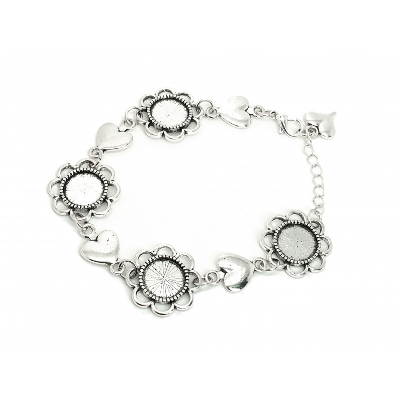 Support Bracelet Argenté Cœurs pour Cabochon 12mm