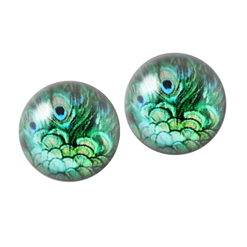 2 Cabochons en Verre Illustrés Plume de Paon 12mm