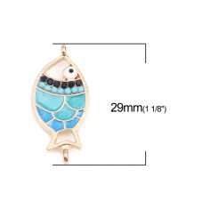 2 Connecteurs Poisson en Émail Bleu Métal Doré 29x14mm