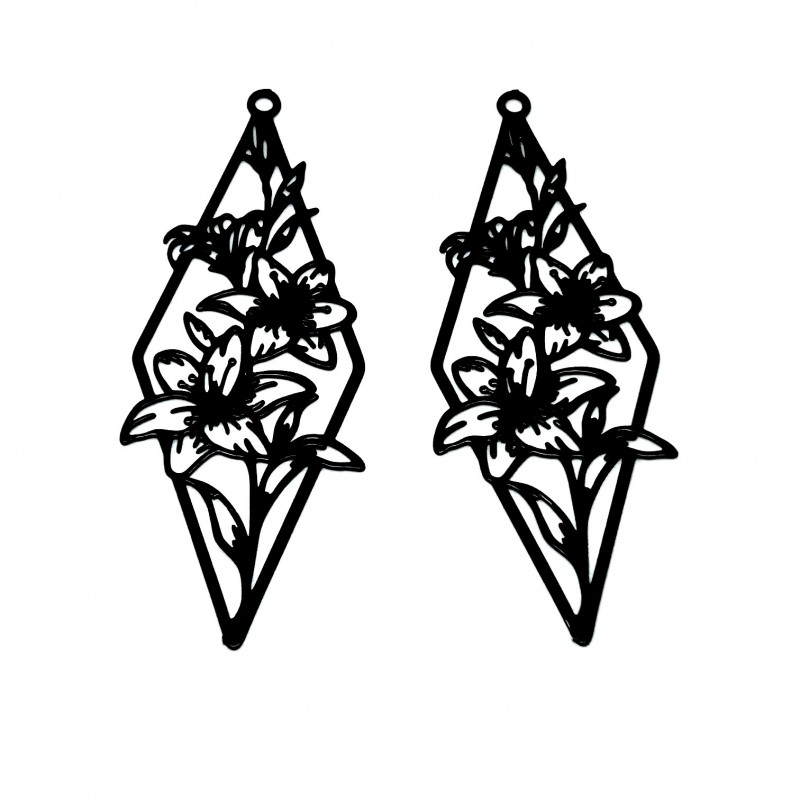 2 Breloques Pendentif Fleurs Estampe Filigrane Ajouré Noir 44x16mm