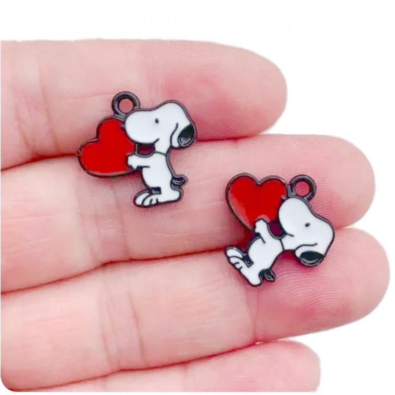 2 Breloques Snoopy Coeur en Émail Métal Noir 16x15mm