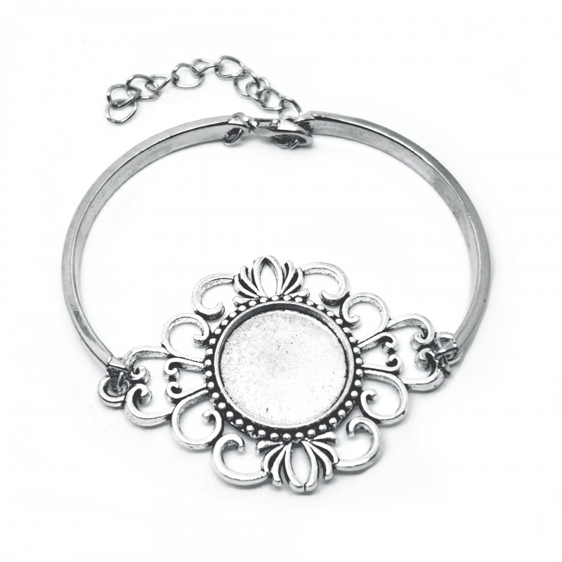 Support Bracelet Argenté Ornementé pour Cabochon 18mm