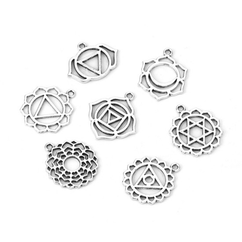 7 Breloques Zen Méditation Yoga Argenté 31x28mm-29x23mm