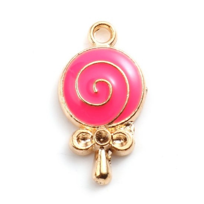 4 Breloque Sucette en Émail Rose Métal Doré 18x10mm