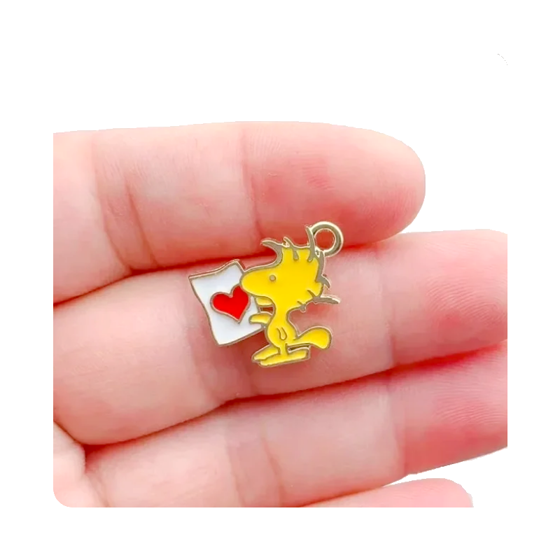 2 Breloques Snoopy Woodstock Coeur en Émail Métal Doré 18x15mm