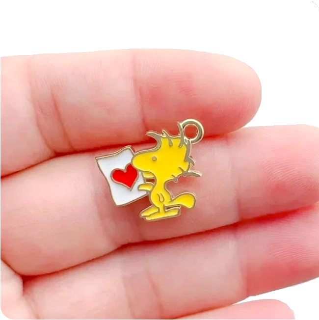 2 Breloques Snoopy Woodstock Coeur en Émail Métal Doré 18x15mm