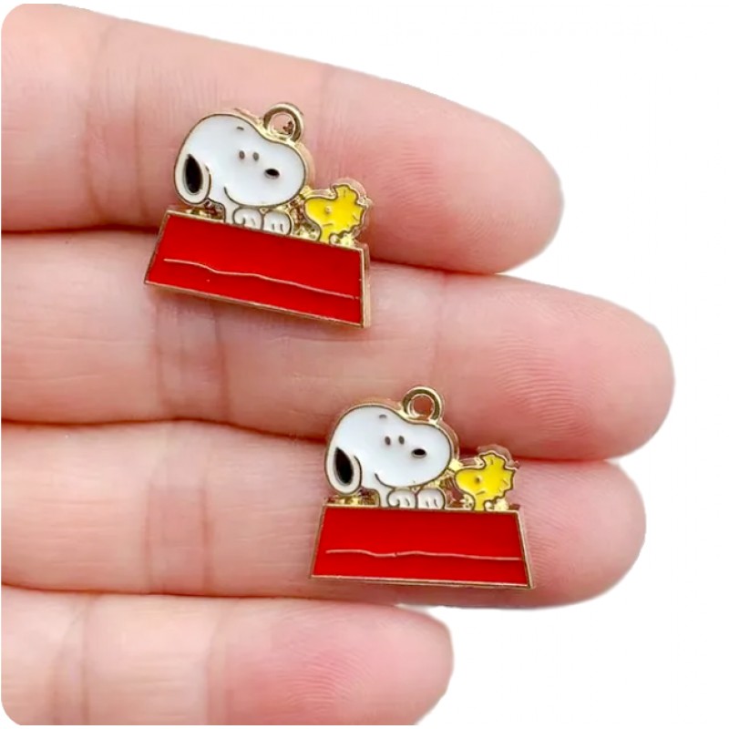 2 Breloques Snoopy et Woodstock en Émail Métal Doré 19x17mm