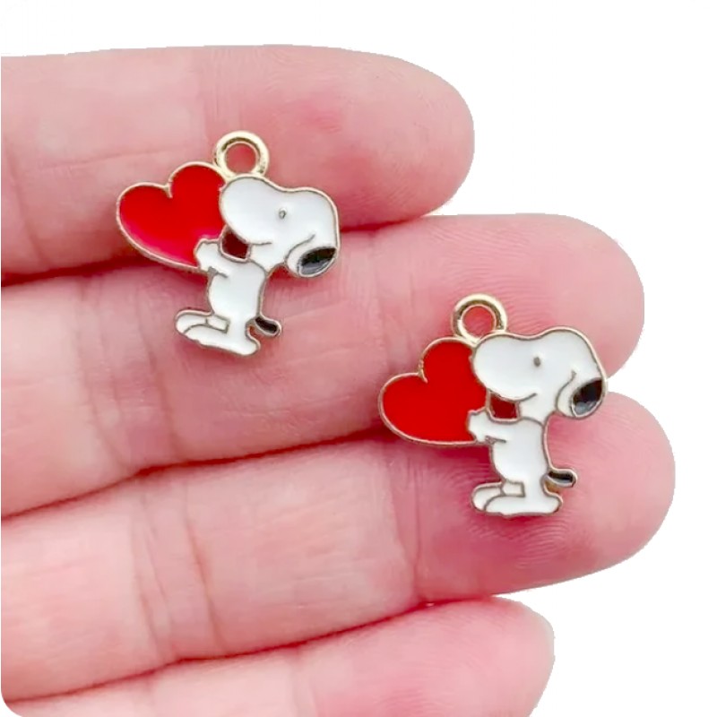2 Breloques Snoopy Coeur en Émail Métal Doré 16x16mm