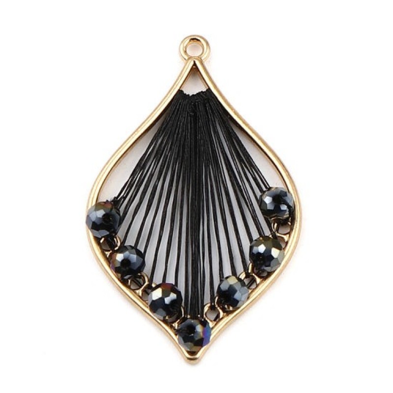 Breloque Pendentif Goutte Fil Perlé Noir Métal Doré 42x26mm