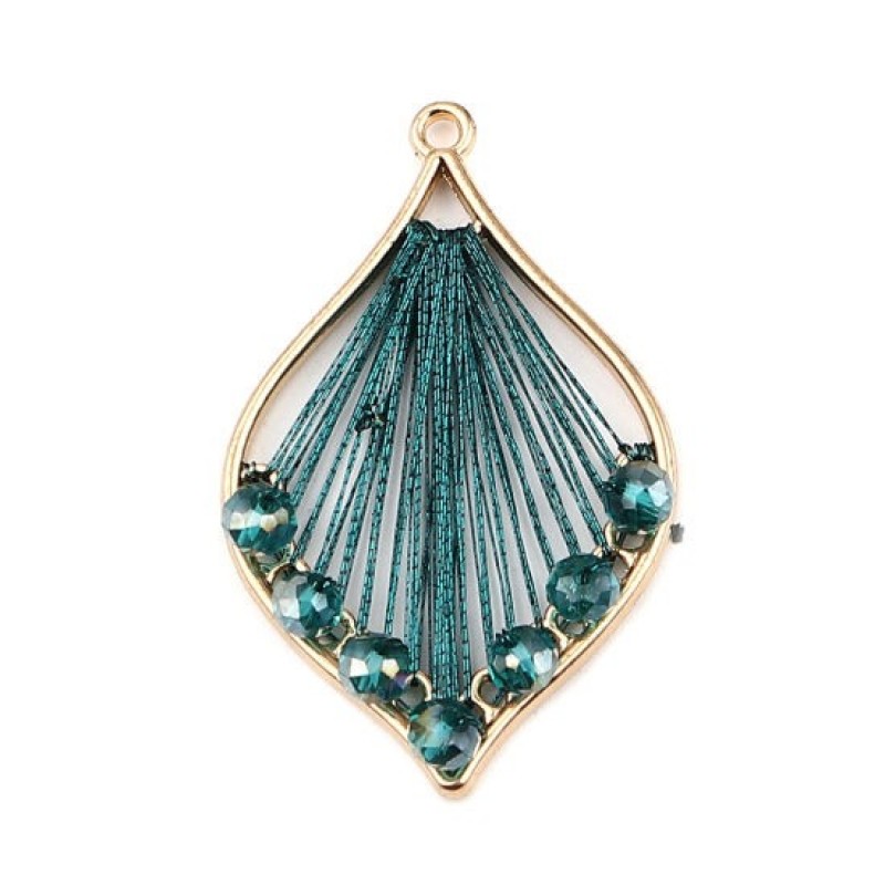 Breloque Pendentif Goutte Fil Perlé Vert Métal Doré 42x26mm