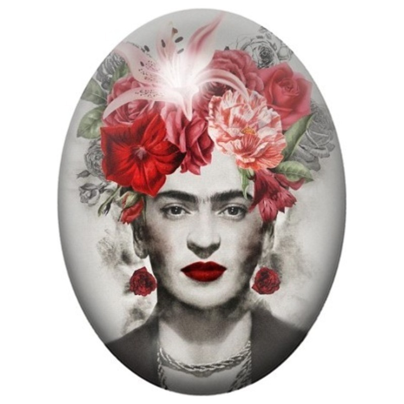 Cabochon en Verre Illustré Frida Kahlo aux Fleurs Rouges en Noir et Blanc 13x18, 18x25 ou 30x40mm