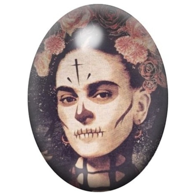 Cabochon en Verre Illustré Frida Kahlo en Maquillage Squelette 13x18, 18x25 ou 30x40mm