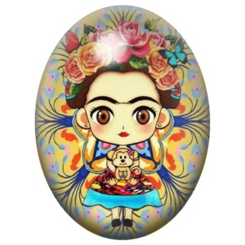 Cabochon en Verre Illustré Frida Kahlo Kawaii à la Poupée 13x18, 18x25 ou 30x40mm