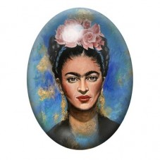 Cabochon en Verre Illustré Frida Kahlo aux Roses sur Fond Bleu 13x18, 18x25 ou 30x40mm pour la création de bijoux fantaisie - DI