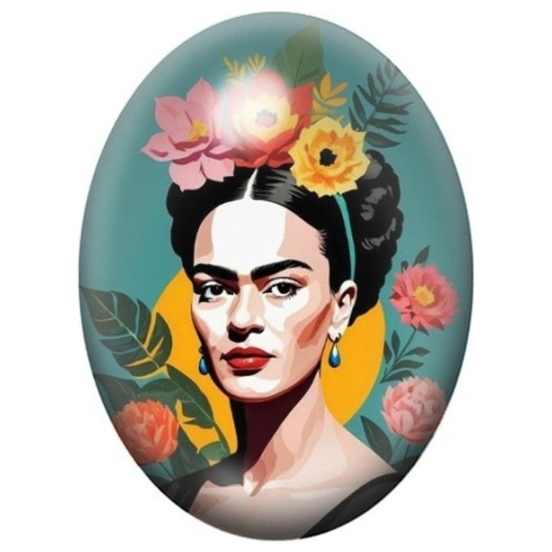 Cabochon en Verre Illustré Frida Kahlo aux Fleurs sur Fond Turquoise 13x18, 18x25 ou 30x40mm