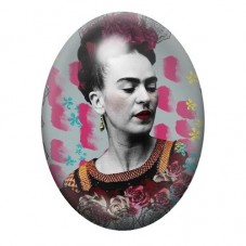 Cabochon en Verre Illustré Frida Kahlo aux Fleurs sur Fond Rose et Turquoise 13x18, 18x25 ou 30x40mm pour la création de bijoux 
