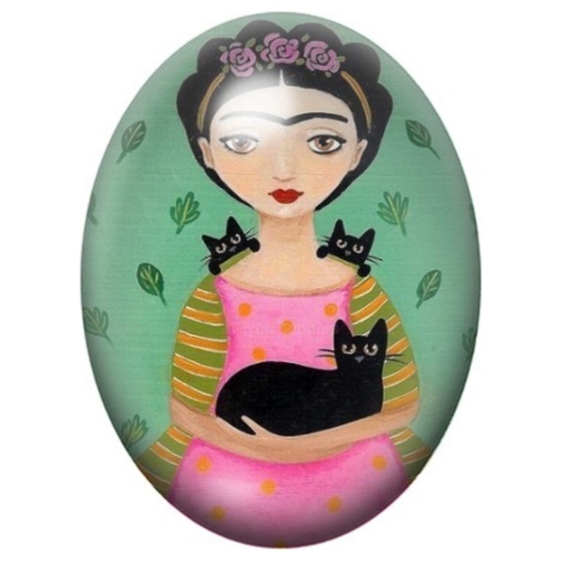 Cabochon en Verre Illustré Frida Kahlo Kawaii aux Chats Noirs 13x18, 18x25 ou 30x40mm