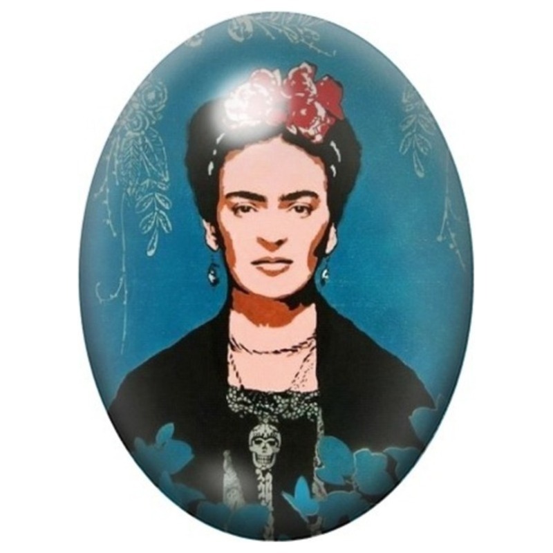 Cabochon en Verre Illustré Frida Kahlo aux Roses sur Fond Bleu 13x18, 18x25 ou 30x40mm