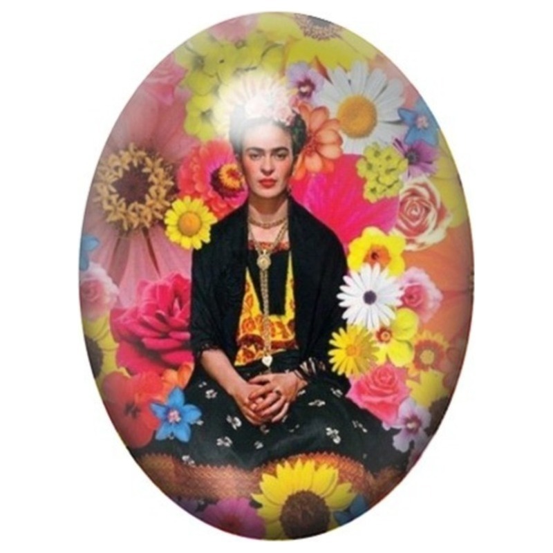 Cabochon en Verre Illustré Frida Kahlo Assise au Jardin de Fleurs 13x18, 18x25 ou 30x40mm