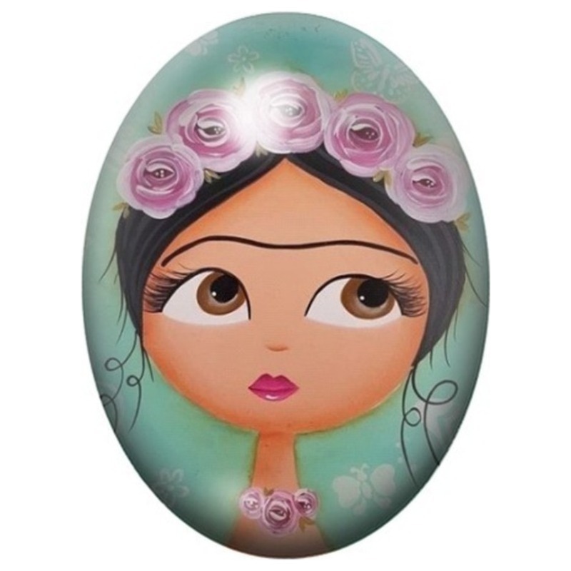 Cabochon en Verre Illustré Frida Kahlo Kawaii aux Roses Mauves 13x18, 18x25 ou 30x40mm