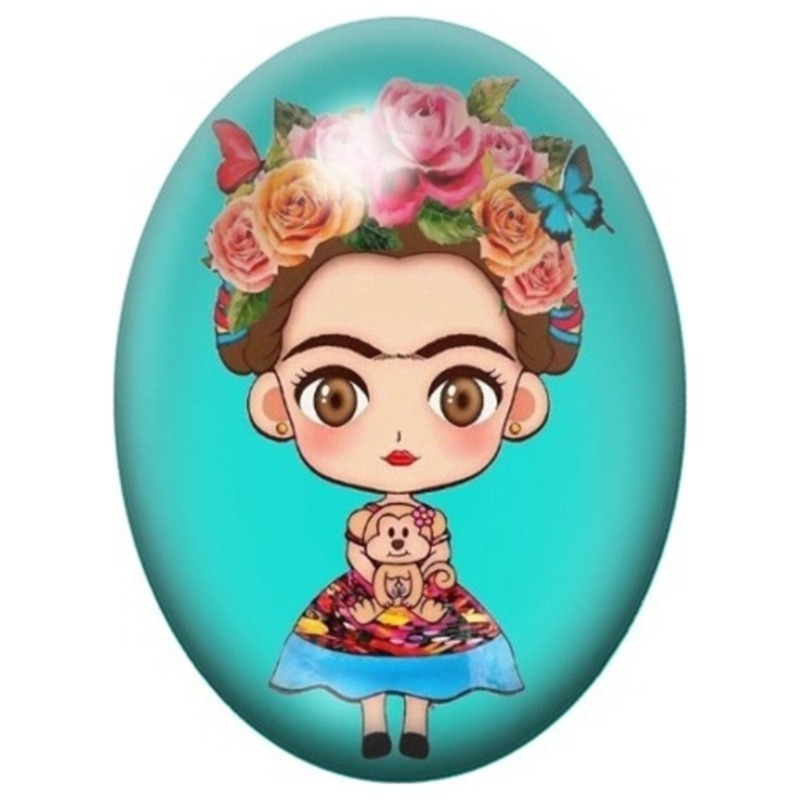 Cabochon en Verre Illustré Frida Kahlo Kawaii sur Fond Turquoise 13x18, 18x25 ou 30x40mm
