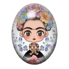 Cabochon en Verre Illustré Frida Kahlo Kawaii aux Fleurs Pastel 13x18, 18x25 ou 30x40mm pour la création de bijoux fantaisie - D