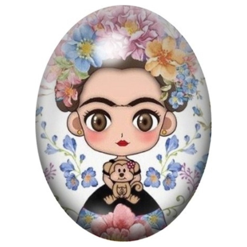 Cabochon en Verre Illustré Frida Kahlo Kawaii aux Fleurs Pastel 13x18, 18x25 ou 30x40mm