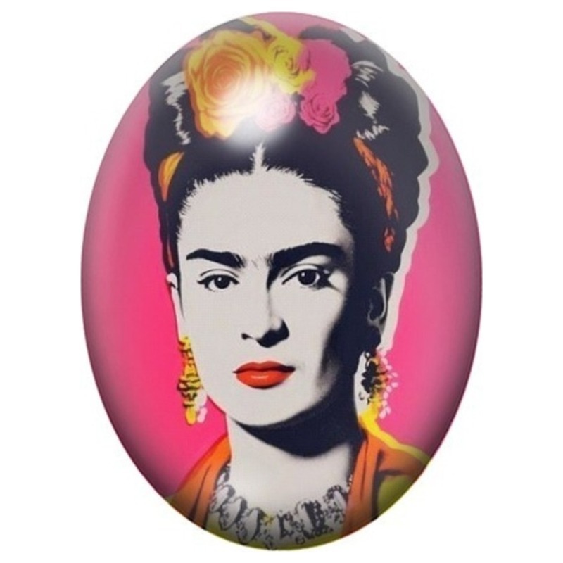 Cabochon en Verre Illustré Frida Kahlo Pop Art sur Fond Rose 13x18, 18x25 ou 30x40mm