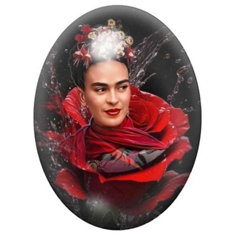 Cabochon en Verre Illustré Frida Kahlo dans une Rose Rouge 13x18, 18x25 ou 30x40mm
