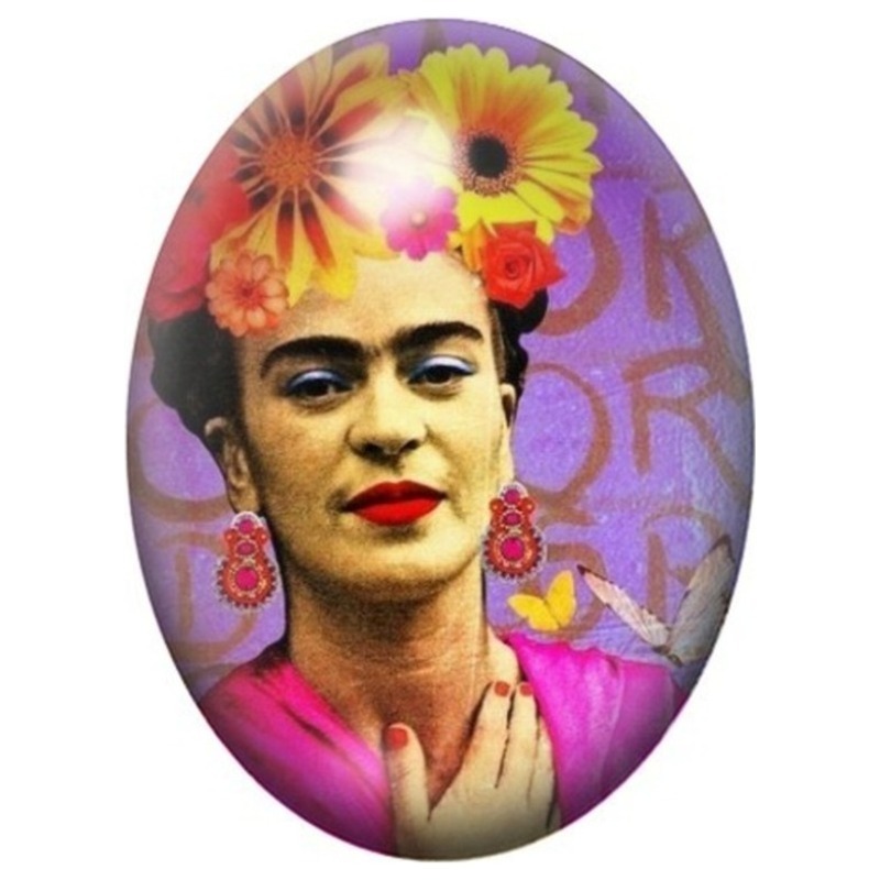 Cabochon en Verre Illustré Frida Kahlo aux Marguerites sur Fond Violet 13x18, 18x25 ou 30x40mm