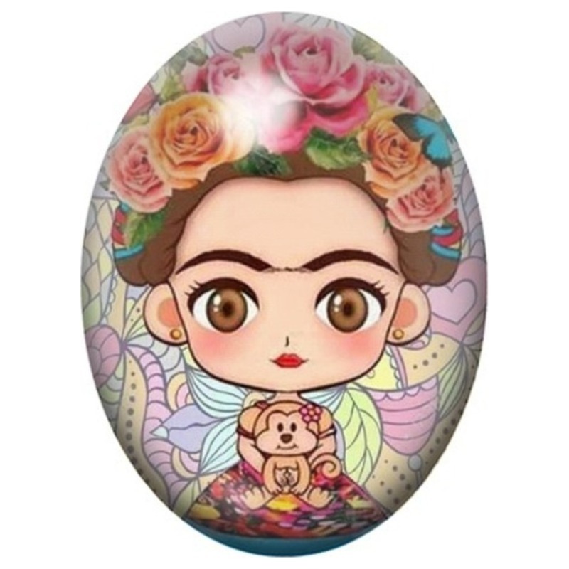 Cabochon en Verre Illustré Frida Kahlo Kawaii à la Poupée sur Fond Fleuri 13x18, 18x25 ou 30x40mm