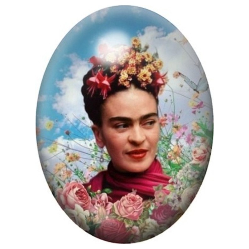 Cabochon en Verre Illustré Frida Kahlo au Jardin de Roses 13x18, 18x25 ou 30x40mm