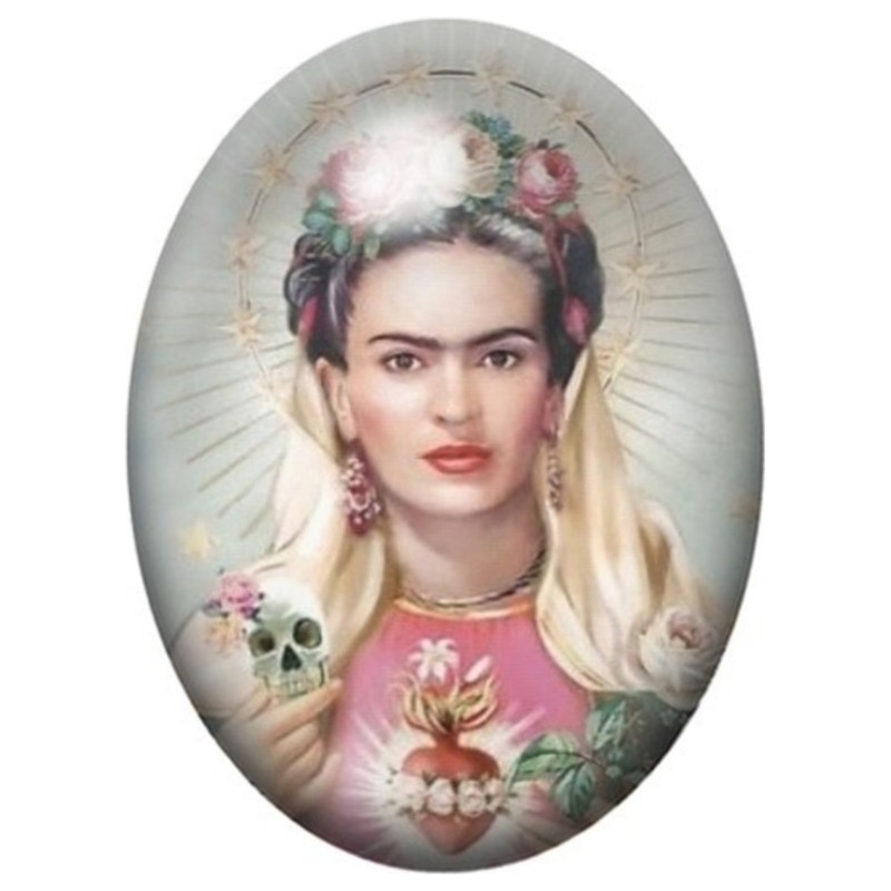 Cabochon en Verre Illustré Frida Kahlo aux Fleurs et au Papillon 13x18, 18x25 ou 30x40mm