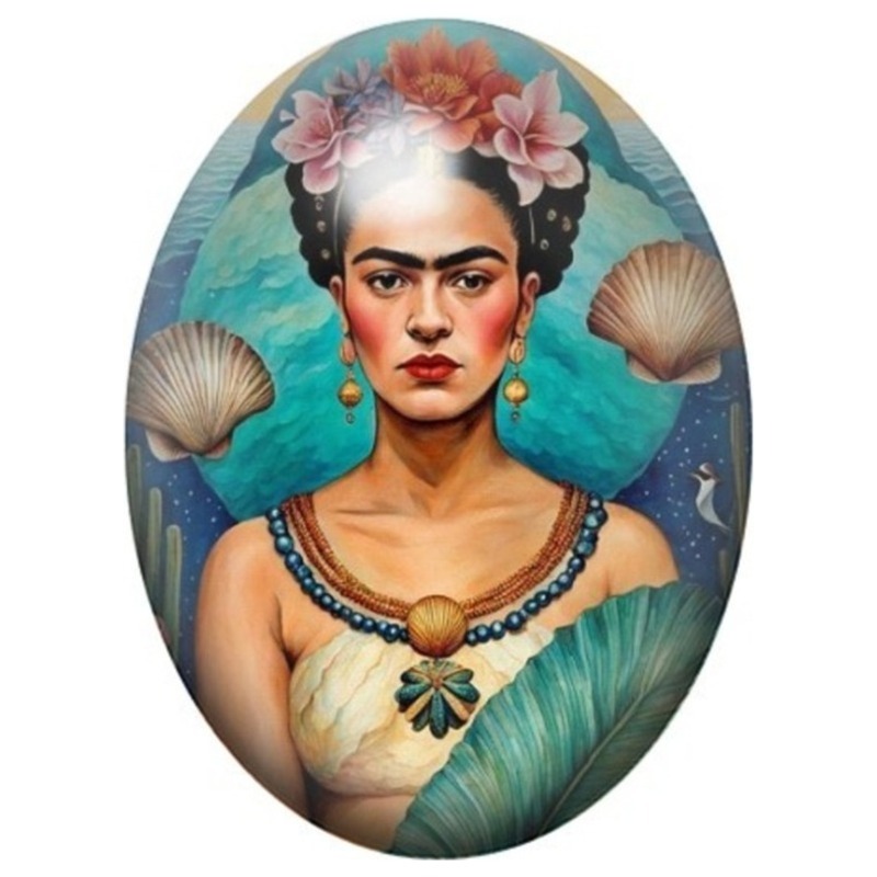 Cabochon en Verre Illustré Frida Kahlo aux Coquillages et Fleurs 13x18, 18x25 ou 30x40mm