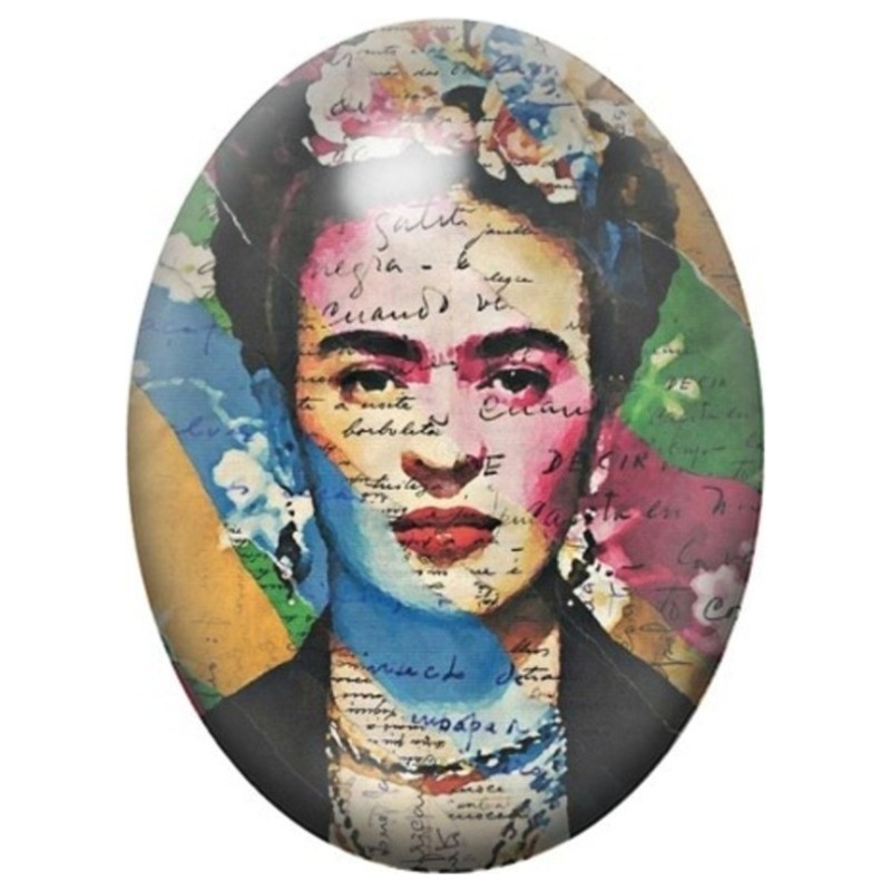 Cabochon en Verre Illustré Frida Kahlo au Collage de Lettres et Couleurs 13x18, 18x25 ou 30x40mm