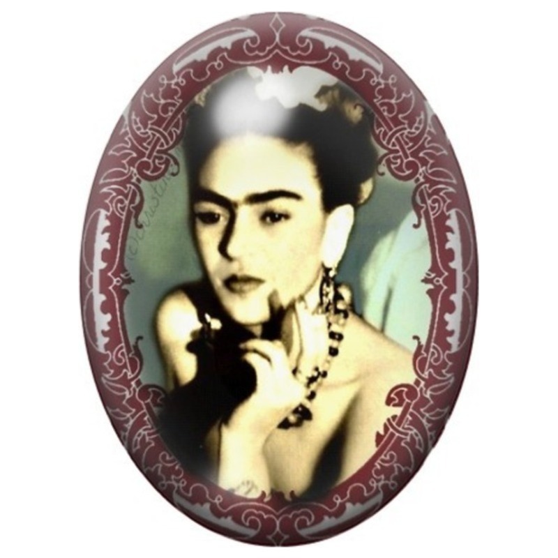 Cabochon en Verre Illustré Frida Kahlo en Portrait Vintage Ovale 13x18, 18x25 ou 30x40mm