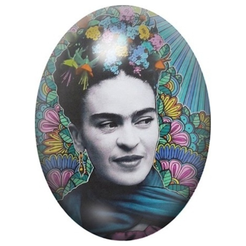 Cabochon en Verre Illustré Frida Kahlo en Portrait Fleuri Noir et Blanc 13x18, 18x25 ou 30x40mm