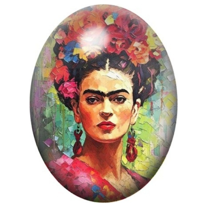 Cabochon en Verre Illustré Frida Kahlo au Portrait Floral Rouge 13x18, 18x25 ou 30x40mm