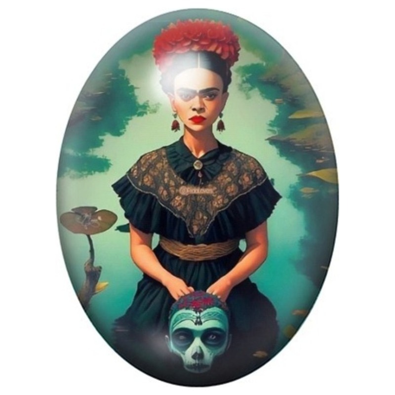 Cabochon en Verre Illustré Frida Kahlo en Robe Noire au Masque 13x18, 18x25 ou 30x40mm
