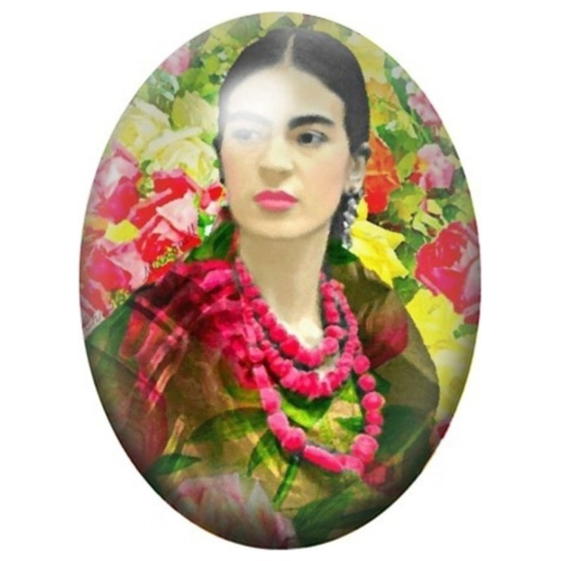 Cabochon en Verre Illustré Frida Kahlo au Collier de Fleurs Roses 13x18, 18x25 ou 30x40mm